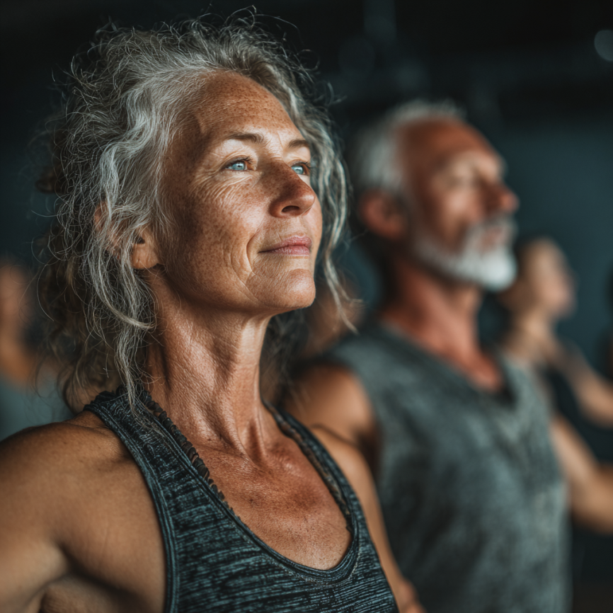 Възрастна жена практикува йога